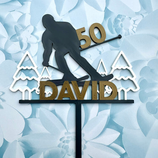 Ski Skier Skiing Birthday Cake Topper - Personalised - Cake Decorations - Party Supplies - Winter Sports - Mountain Hill - Bespoke - Custom