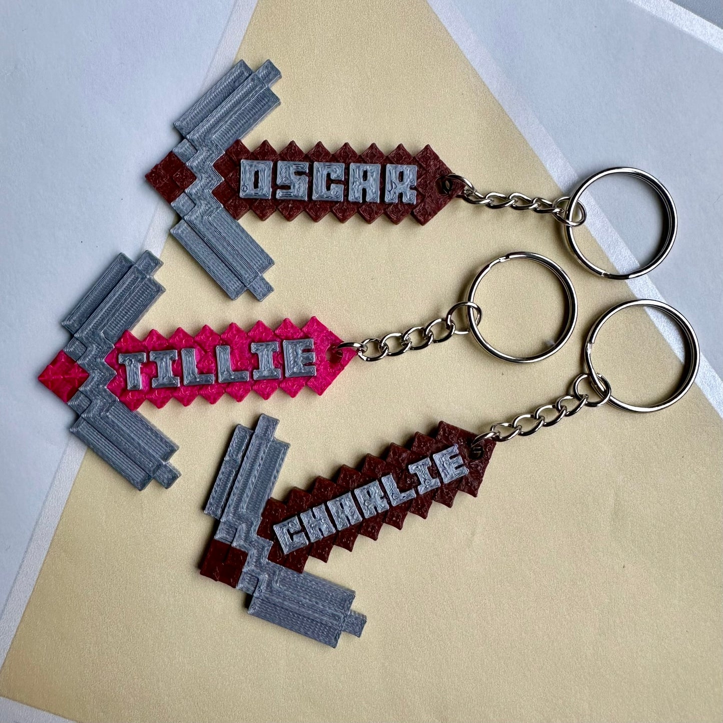 Pixel Pickaxe Keyring Keychain - Personalised 3D Printed - Party Bag Fillers - Video Gaming - Birthday - Small Gifts - Gamer - Video Game