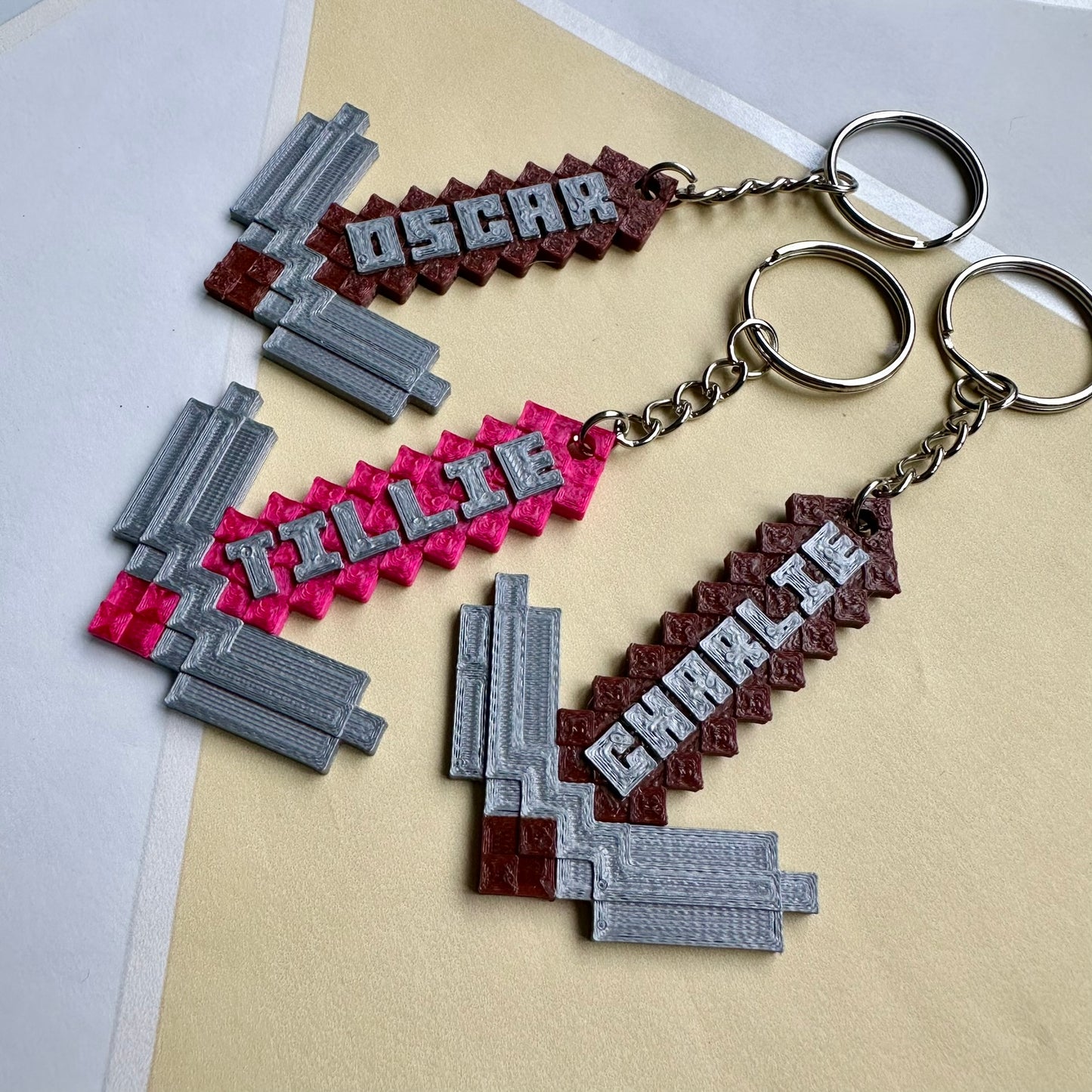 Pixel Pickaxe Keyring Keychain - Personalised 3D Printed - Party Bag Fillers - Video Gaming - Birthday - Small Gifts - Gamer - Video Game