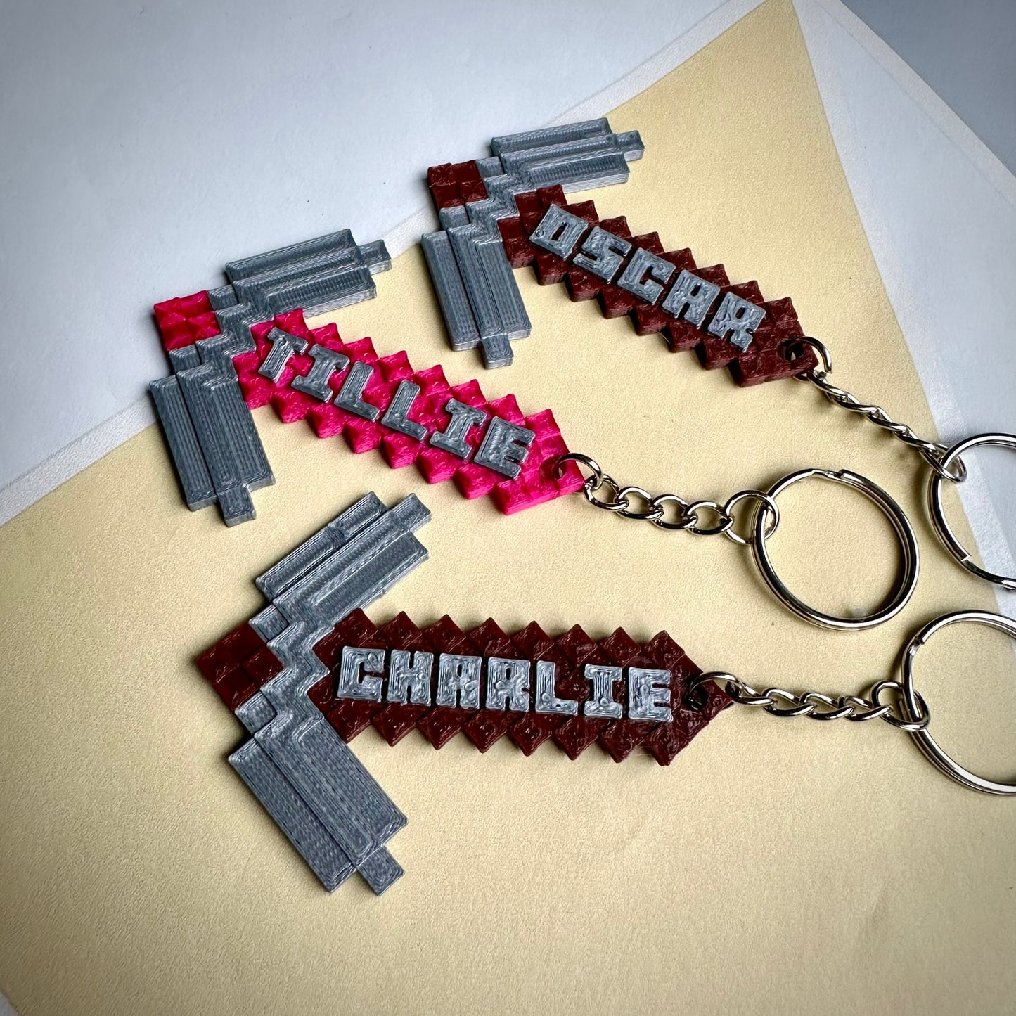 Pixel Pickaxe Keyring Keychain - Personalised 3D Printed - Party Bag Fillers - Video Gaming - Birthday - Small Gifts - Gamer - Video Game