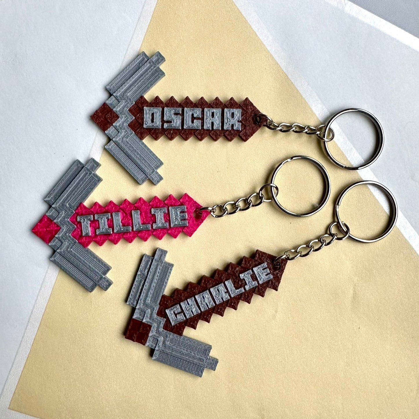 Pixel Pickaxe Keyring Keychain - Personalised 3D Printed - Party Bag Fillers - Video Gaming - Birthday - Small Gifts - Gamer - Video Game