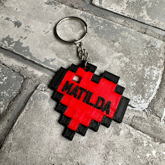 Pixel Heart Keyring Keychain - Personalised 3D Printed - Party Bag Fillers - Video Gaming - Birthday - Small Gifts - Gamer - Valentines Day