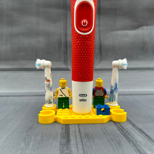 Lego Inspired Electric Toothbrush Holder with 4 brush head stands & drip tray - 3D Printed - Home Life Hack - New Home Gift - Storage Solutions