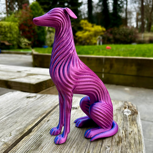 Seated Greyhound Whippet Sighthound Lurcher Saluki Sculpture – Modern Flow Texture Dog Decor (3D Printed)