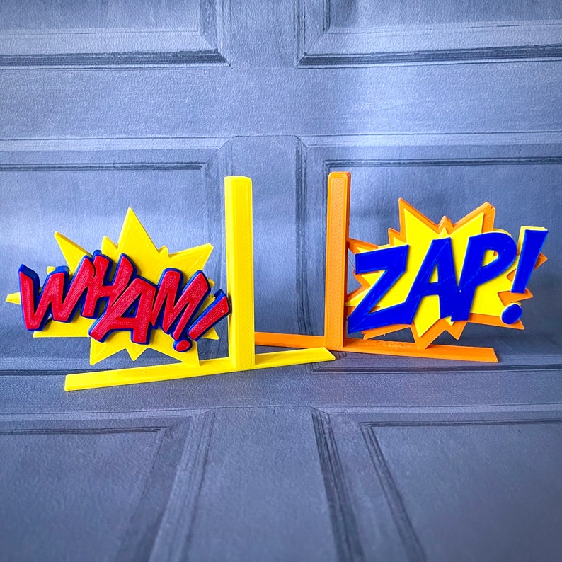 Zap! Comic Style Bookends - 3D Printed - Book Storage - Childrens Bedroom - Cartoon- KaPow- Cosplay - Office - Library - Fun Gift - Reading