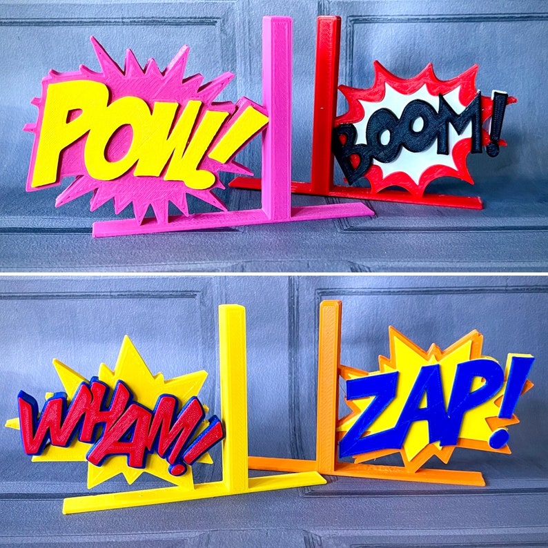 Zap! Comic Style Bookends - 3D Printed - Book Storage - Childrens Bedroom - Cartoon- KaPow- Cosplay - Office - Library - Fun Gift - Reading