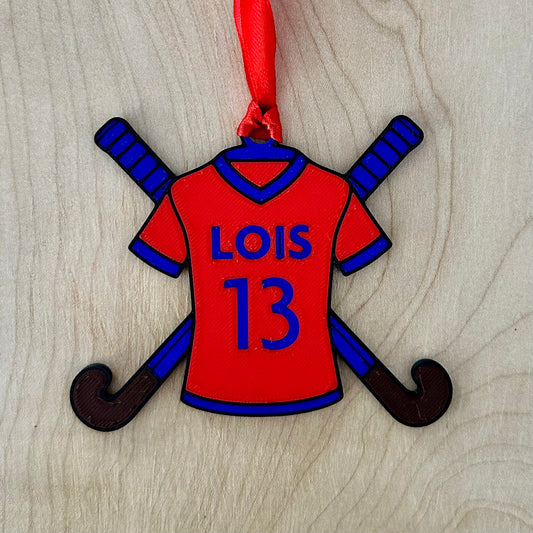 Personalised field hockey shirt Christmas decoration with ribbon