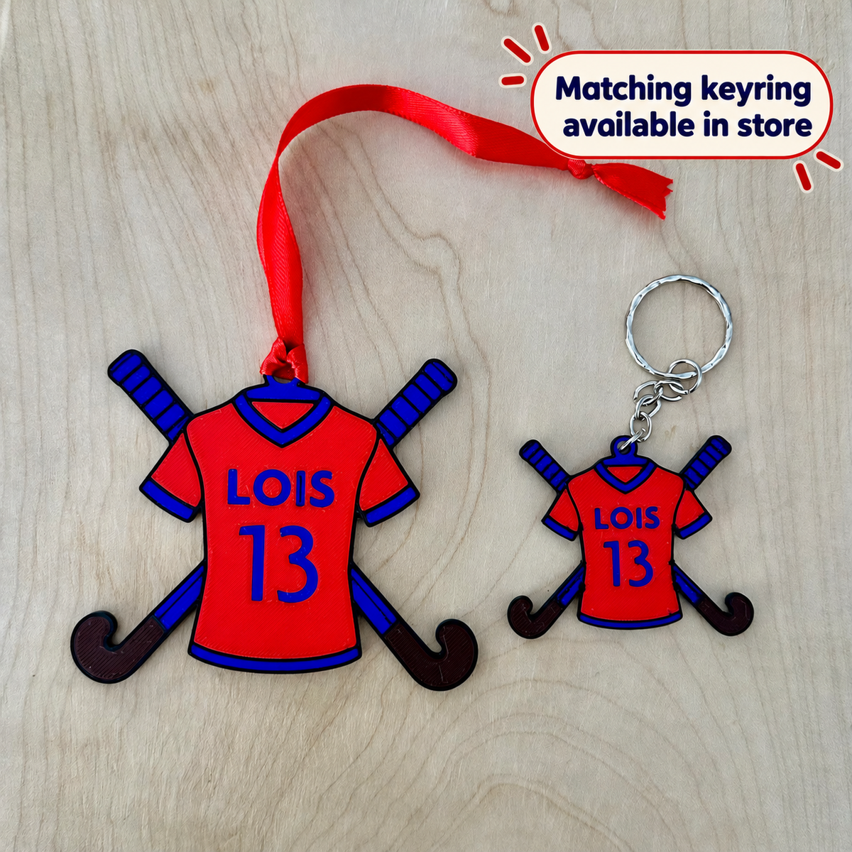 Field hockey Christmas decoration with matching keyring