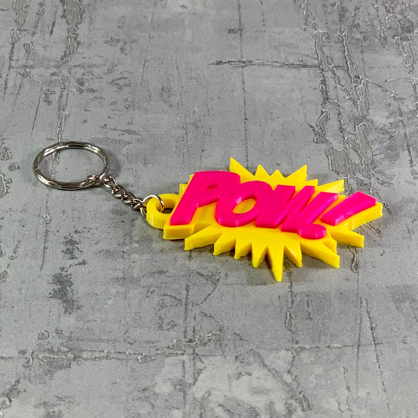 Pow! Comic Style Keychain/Keyring - 3D Printed - Personalised - Super Hero - Animation - Kapow - Party Bag Fillers - Name Tags - School Bag